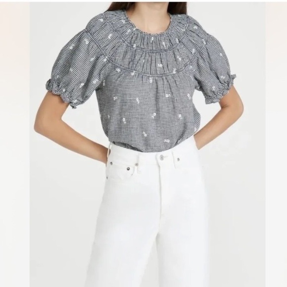 NEW Madewell Linen Blend Gingham Embroidered Floral Puff Sleeve Blouse Top S